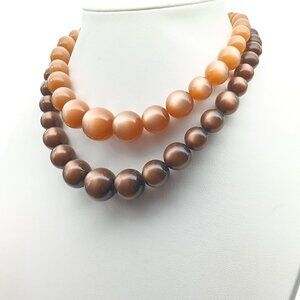 Vintage Two-Strand Brown & Peach Moonglow Beaded Necklace with Gold-Tone Clasp